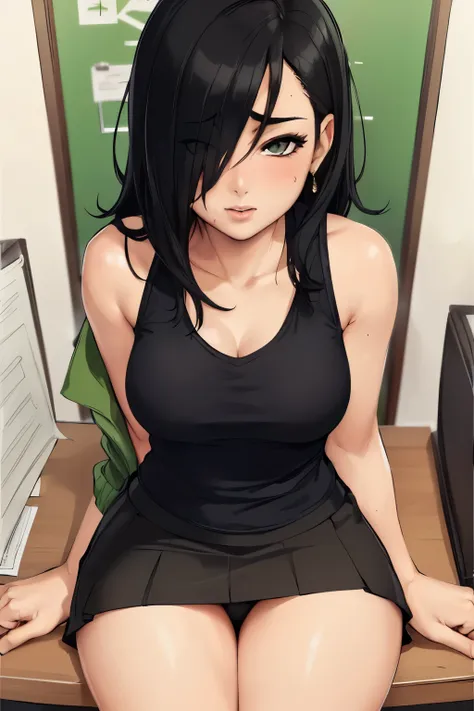 (stripping:1.2),(sexy:1.3),( woman:1.2),(shoulder length black hair),(black tank top),(green jacket and skirt),(enticing),(passionate),(office background),(sitting on desk),(desperate)