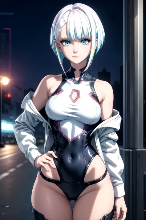 cyberpunklucy, lucy, short hair, bangs, blue eyes, blue hair, multicolored hair, makeup, multicolored eyes, smile,
BREAK bare hips, bodysuit, jacket, leotard, monowire, off shoulder, off-shoulder jacket, open clothes, open jacket, skindentation,
BREAK outd...