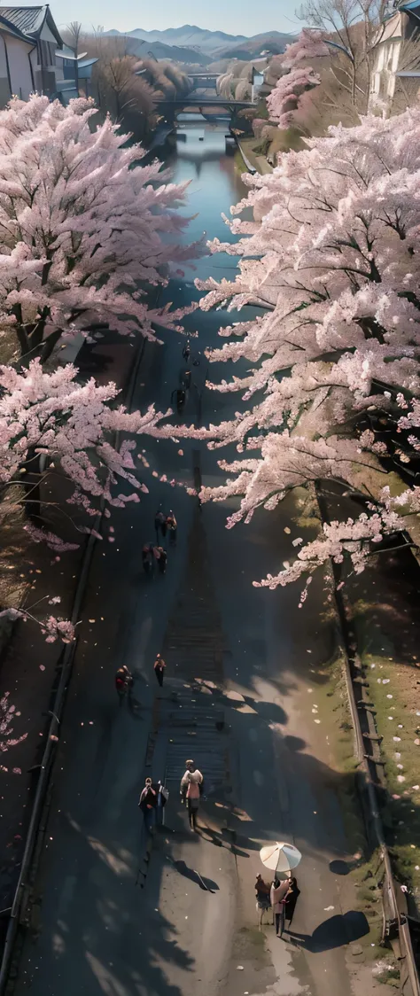 ((masterpiece, best quality, Highest image quality, High resolution, lifelike, original photo, 8K)), spring morning, In a rural town in Japan, Students walk along a road lined with cherry blossom trees to the train station, (Look from above:1.3), 