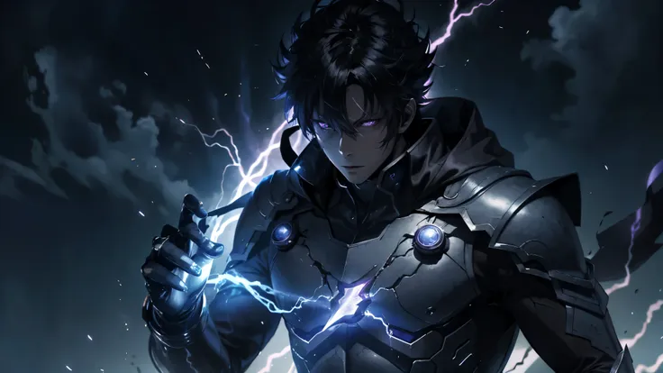 epic anime style, purple lightning, evil temperament, 20-year-old male shadow assassin, glowing black aura, shadow supervisor, handsome face, brilliant and majestic. Beautiful standard body and complete body structure. full body shot of a man with lightnin...