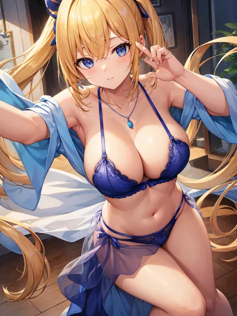 Masterpiece、hight resolution、1 girl 、Blonde Gal、in ones underwear only、Blue Lingerie、poneyTail、large full breasts、a necklace、to close range、Write、bending forward、Poses that emphasize breasts、Nasty body、
