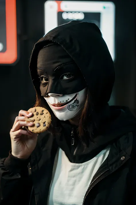 a woman wearing the Anonymous hacker group mask holding a cookie. horror style figure