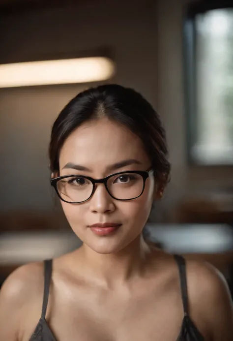 30 years Old, Indonesian mature woman with glasses, Large  : 96.9, big breast, Tank Top, curvy body, Breast about To burst out from her clothes, at classroom, Dark light, at Nighttime.