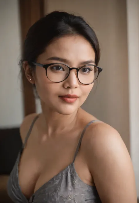 30 years Old, Indonesian mature woman with glasses, Large : 96.9, Full body, grey Tank Top, curvy body, have a big Breast almost about To burst out from her clothes, at hotel room, Dark light, at Nighttime.