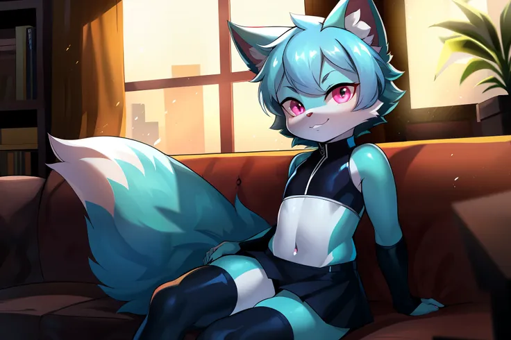 fox, solo, young, ((cub)), (cyan fur), (cyan body), (white secondary fur), pink eyes, medium length hair, cyan hair, thigh highs...