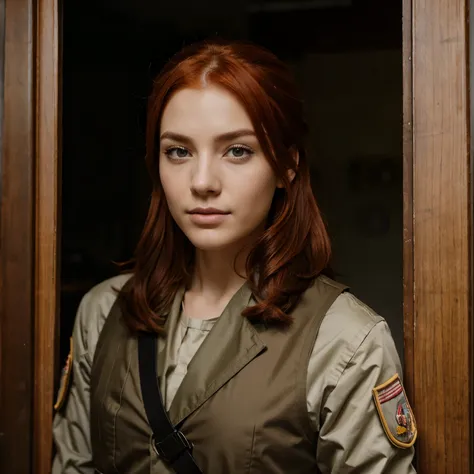 Red hair, military costume, brown eyes, 