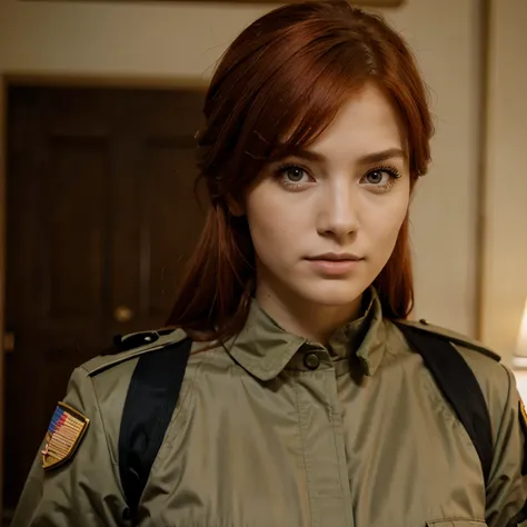 Red hair, military costume, brown eyes, 