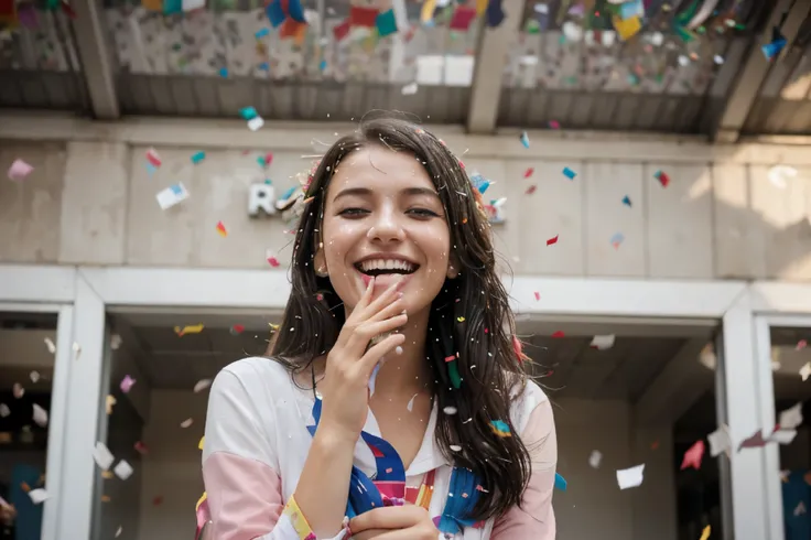 stock photo, a woman is smiling as confetti rains down all around her