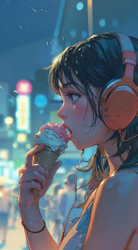 (best quality, masterpiece:1.2), ghibli style animation woman with headphones on eating ice cream cone