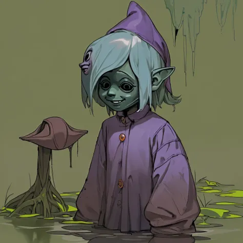 gnome girl, creepy smiling mask, worn-out purple clothes, swamp background