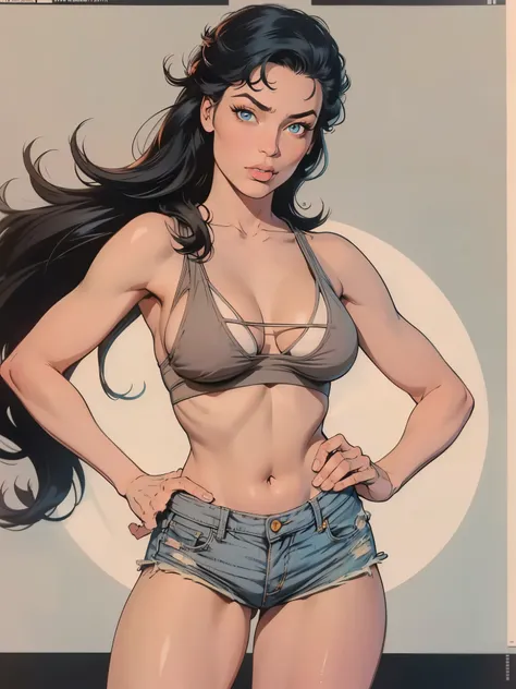 (high quality, best rendering), (beautiful girl), Blue Eyes, ((black long straight hair)),(bombshell, pin-up style), psychopath, crazy face, sexy pose, jean short shorts, tank top, pastel, centered, scale to fit dimensions, micro thong, micro bikini, camel...