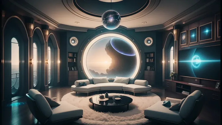 arafed room with a circular couch and a round table, futuristic room background, cgsociety 9, futuristic room, retro futuristic apartment, futuristic decor, futuristic. game cg, futuristic interior, sci - fi interior, photorealistic room, fantasy space, co...