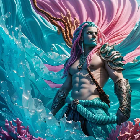 A Merman pirate with emerald scales wearing coral and leather armor. Long seafoam colored dreadlocks with shells in them. He is wielding a crackling trident. Infectious mirth bubbling from his lips. At the helm of a ship  david lachapell

Detailed, 8k, sea...