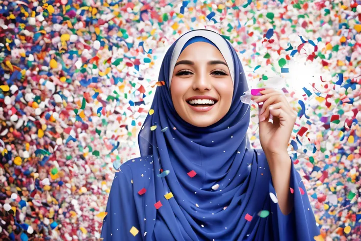 stock photo, a woman in hijab is smiling as confetti rains down all around her