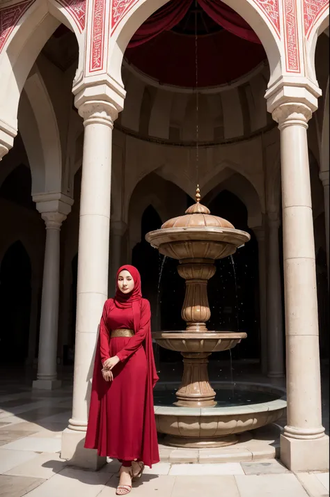 full HD 32k photo, beautiful hijab-wearing woman from Malaysia wearing a red and red long dress with a hijab, black high-heeled sandals, standing in a mosque courtyard with a fountain