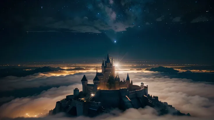 In the cloud is a visible city with many castle floating in the skies, made out of diamonds, the cities spread across the skies, comets, stars, we can see part of the galaxy, shimmering, glitters, glow. Bright Heavy warm backlight. Bright light streaks shi...