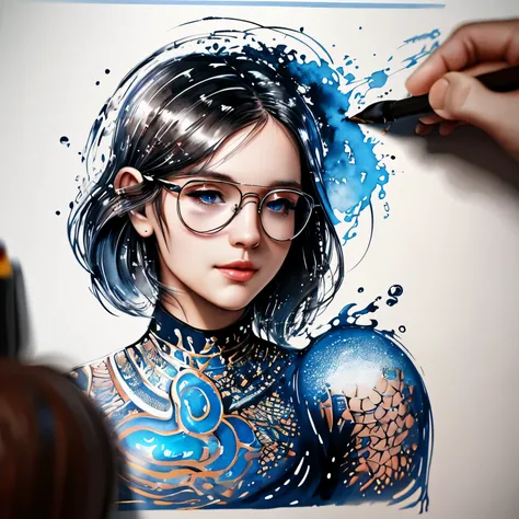 [[a realistic pen visible in the frame]] drawing 1 girl，ready-to-print vector t-shirt art graffiti illustration of a rounded metallic Robot AI logo ： blue messy steel head, oil painted, perfect face, perfect face, intricate image, shades of blue，light red ...