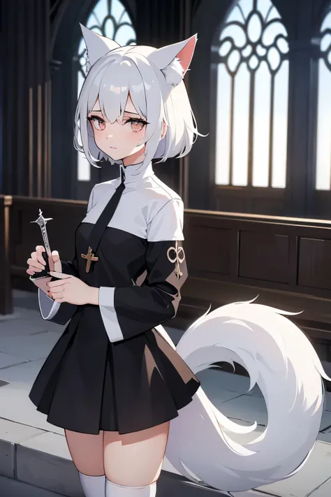 young woman ,height 155 centimeters ,breast size 1 ,ash white hair , fluffy ears with black tips ,white tail with black tip ,fox ,Someone ,cat , skirt ,stockings ,topic ,cat ears ,small ears ,Black Ear Tips,black tip of the tail , black ears ,черный foxий ...