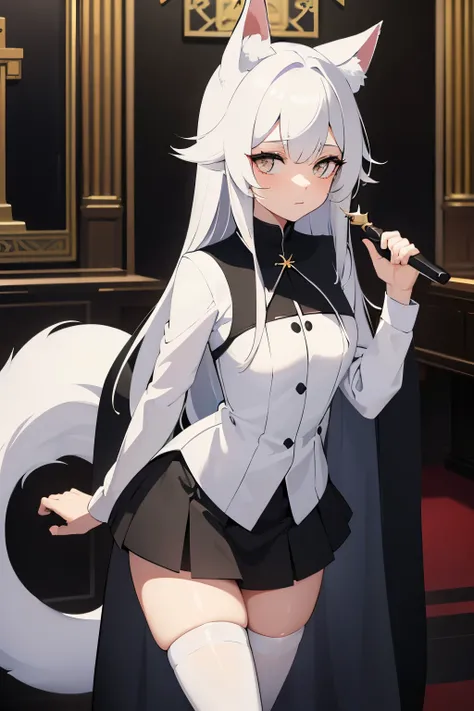 young woman ,height 155 centimeters ,breast size 1 ,ash white hair , fluffy ears with black tips ,white tail with black tip ,fox ,Someone ,cat , skirt ,stockings ,topic ,cat ears ,small ears ,Black Ear Tips,black tip of the tail , black ears ,черный foxий ...