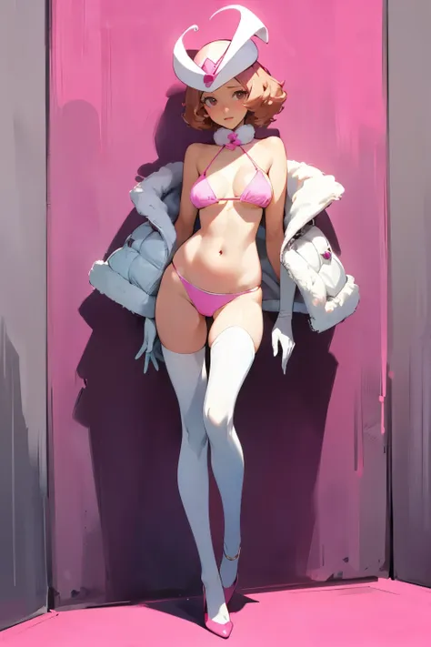 woman in white fur jacket and pink bikini against wall, full body image , seitenlicht, breast size:, mittel, shy face, haru okum...