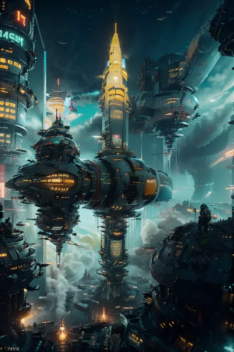 ((cyberpunk future)), image of the center of a cyberpunk city, surrounded by buildings with a river in the middle, ferry in the ...