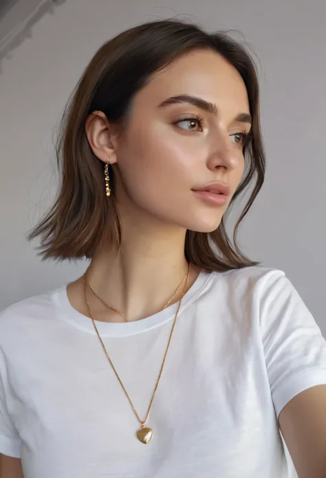 realistic selfie of a very beautiful young woman casually looking away, brunette, selfie, with white tshirt, golden thin necklace, ultra detailed, details, 4k