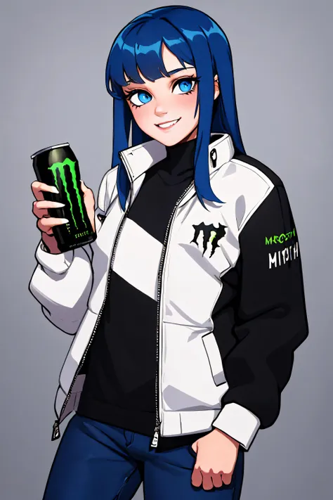 a cartoon picture of a woman holding a can of monster energy