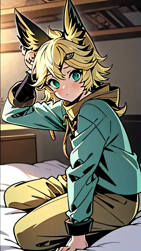 Masterpiece, high quality, 4k, best quality, Background in bedroom, girl, yellow hair, Green eyes, wearing pajamas, Animal ears, Sleep on your back on the bed