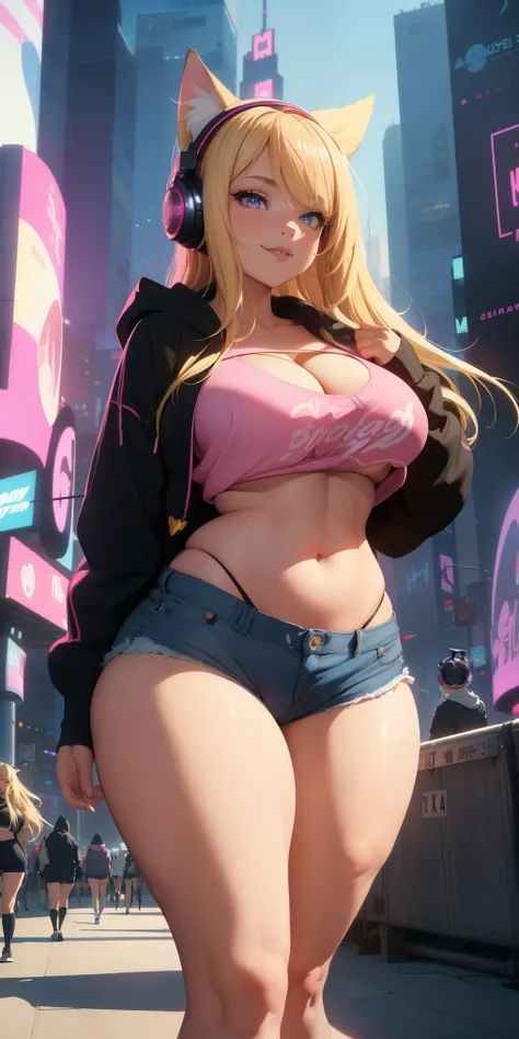 1girl, average breasts (blonde hair, long hair, big lips, double eyelids, pink eyes, huge breasts (crop top, short shorts, hoodie, cleavage), (futuristic image, 16k, superior image quality, light effect and shadow on the skin), cityscape, pastel colors, ti...