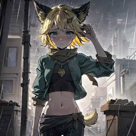 Joy_mlbb,1girl,short hair,blonde,animal ears,tail,midriff,navel, 1 girl, funeral, it is raining heavily, she is standing in the rain, crying, holding back tears, looking down, hair near her face, gray colors, cloudy, sad, melancholy, depression, high resol...