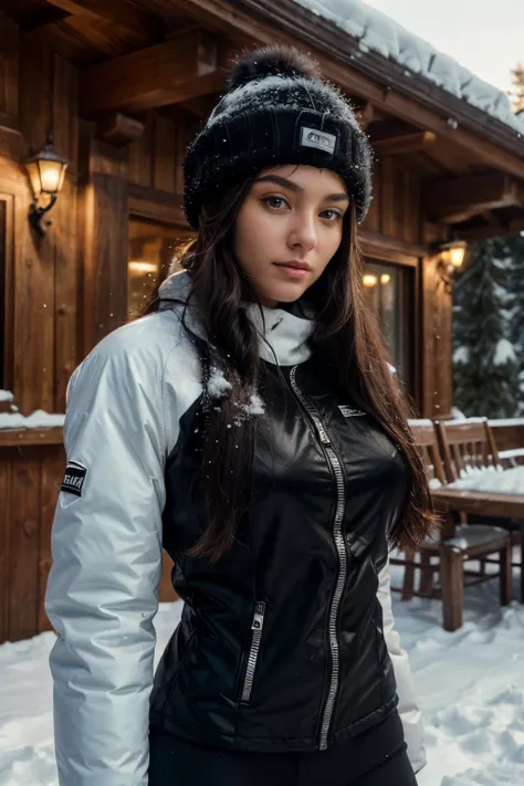 (Masterpiece, Top Quality, Best Quality, Beautiful and Aesthetic:1.2), Extremely Detailed, Photo of a woman, Ski resort with elegant chalets and snow-covered slopes, tight black ski suit with shiny details and a warm hat, 18 years old, Perfect Body, Perfec...