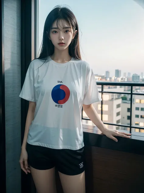 (((Korean girl, clean face, cropped black t shirt))), (((172 cm height and 60 kg body weight, fat body))). (((Standing straight on balcony, at night))), sleepy eyes, 800mm lens, realistic, hyperrealistic, professional photography, deep photography, ultra H...