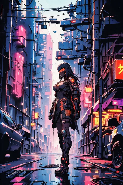 ((Cyberpunk future)), image of the center of a cyberpunk city, surrounded by buildings with a river in the middle, yellow ferry, point crossing the city, advertising signs everywhere, retro future