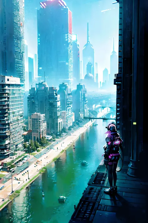 ((futuro ciberpunk)), imagen del centro de una ciudad cyberpunk, surrounded by buildings with a river in the middle, ferry en la...