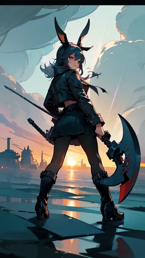 A female figure dressed in (((leather jacket, boots, and a coat))), with ((rabbit ears)) and a set of ((animal ears)) standing with (((back turned))) to viewer and the camera (((over shoulder medium shot))) on a (((stormy pier))) with a (cloudy sky overhea...