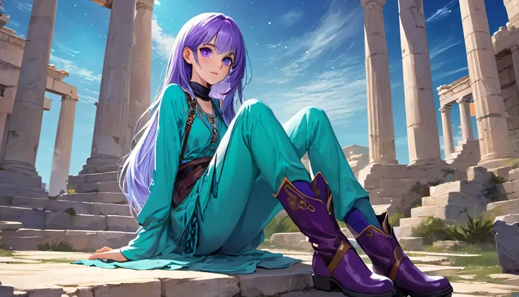 Masterpiece. High-resolution. 1girl about 20 years old. Pretty beautiful girl. Pretty big purple eyes. Delicate face. Long light blue hair. Straight hair. Messy hair. Hair bangs. Turquoise tunic. Purple tide pants. Leather boots. Greek ruins background wit...