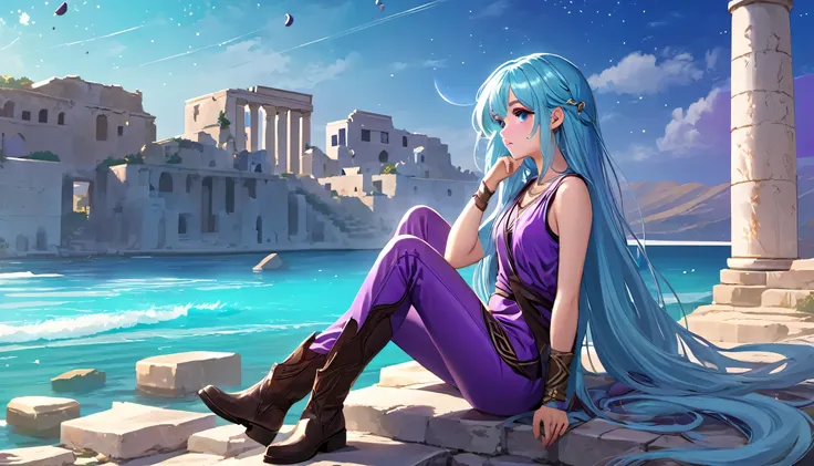 Masterpiece. High-resolution. 1girl about 20 years old. Pretty beautiful girl. Pretty big purple eyes. Delicate face. Long light blue hair. Straight hair. Messy hair. Hair bangs. Turquoise tunic. Purple tide pants. Leather boots. Greek ruins background wit...