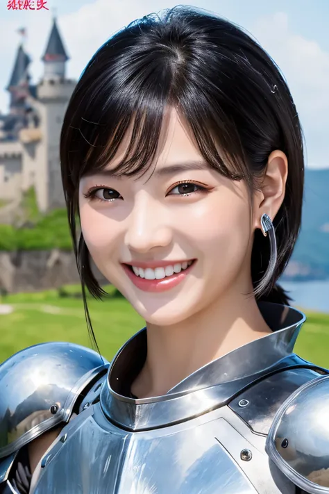 ８Ｋ、highest quality、female knight、The background is a castle、Luxurious Silver Armor、heavy equipment、black hair、hairstyle shortcut、smile、beautiful teeth、full body photo、ear piercing