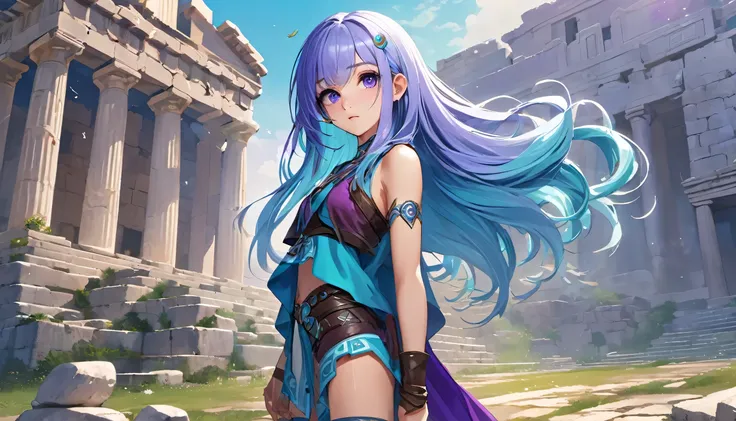 Masterpiece. High-resolution. 1girl about 20 years old. Pretty beautiful girl. Pretty big purple eyes. Delicate face. (((Long light blue hair))). Straight hair. Messy hair. Hair bangs. Turquoise tunic. Purple tide pants. Leather boots. Greek ruins backgrou...