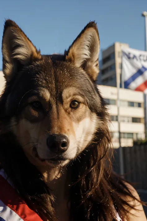 head of a wolf with the flag of the state of São Paulo in the background, do it in logo mode and with a savage face