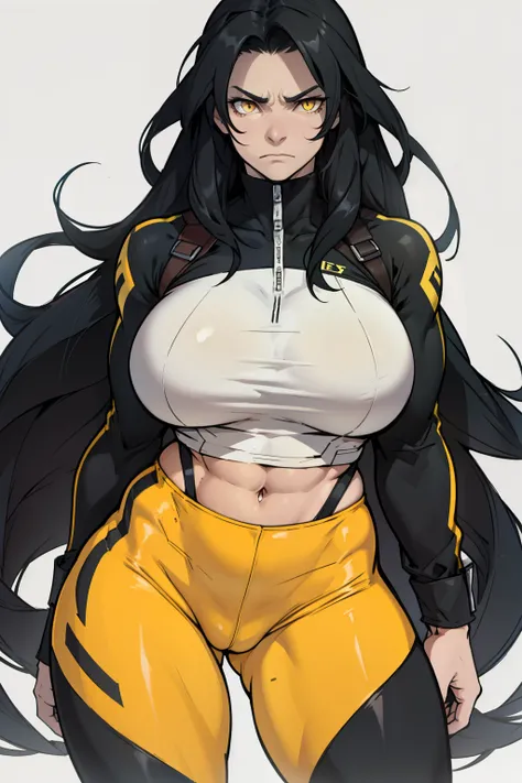 girl muscular toned body huge breasts thick thighs very long hair black hair yellow eyes solo angry best quality perfect anatomy good composition sad pale skin leggings long sleeve