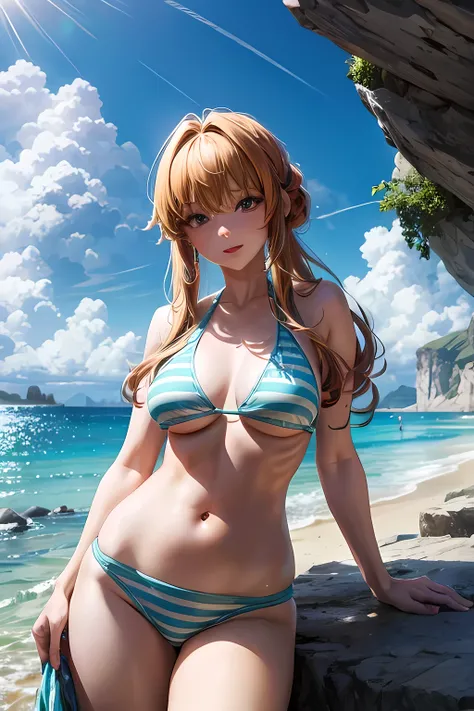 The image is of an animated character with long orange hair and a friendly expression. She is wearing a green and white striped bikini top. In the background, there seems to be a serene outdoor setting with what looks like a rocky landscape and a sky with ...