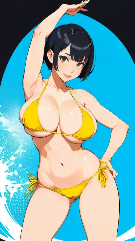 (Vector Art:1.5), (Beautiful girl gravure idol with big breasts wearing light yellow bikini swimsuit with black hair color:1.3), (short hairstyle:1.3), (constricted waist:1.3), (full bodyesbian:1.3)