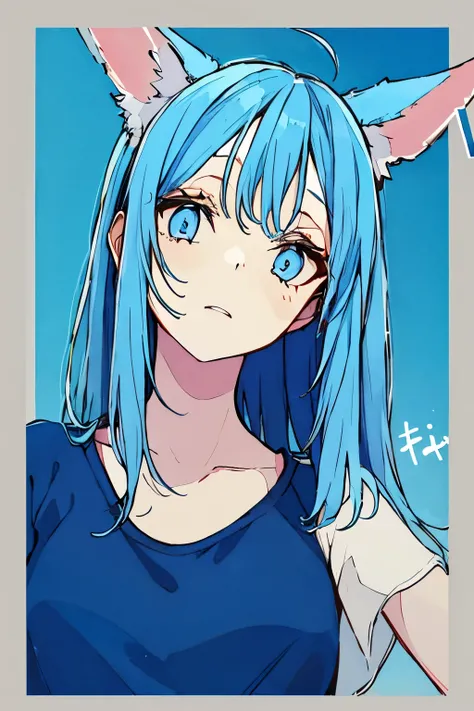 1girl, blue hair,blue ayes,blue shirt , cast ears