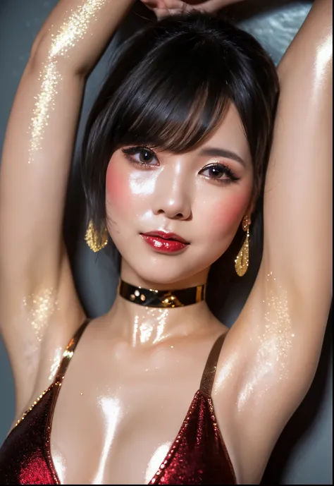 ((japanese idol))　50 years old　Blonde short hair with bangs　((Smokey makeup dark makeup with black eyeshadow))　plump cheeks　((Bright red rouge plump lips))　big breasts　Big eyes　Cyberpunk Bar　((Super shiny metallic red long cheongsam dress))　fat body　 maste...