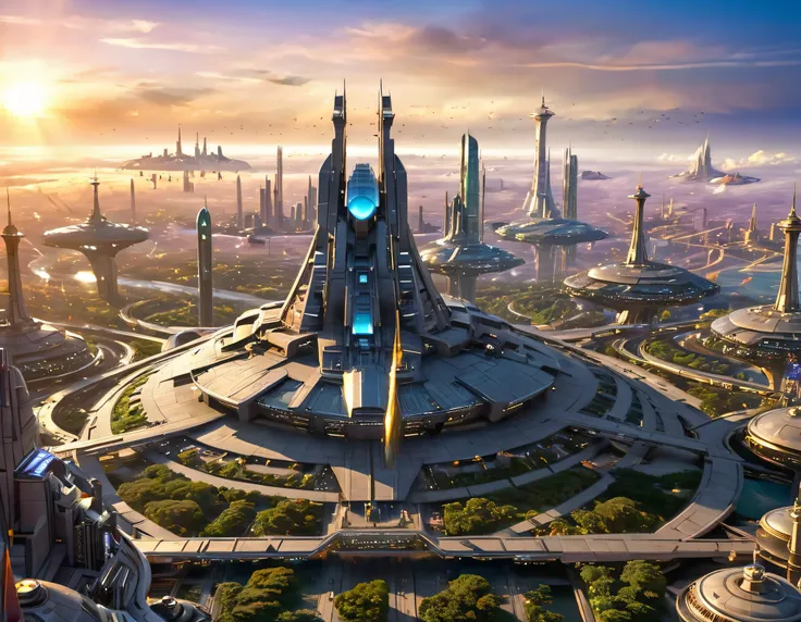 (golden hour lighting), megacity, megalopolis of an imaginary world of science fiction , parecido a una disneylandia futurista, ...