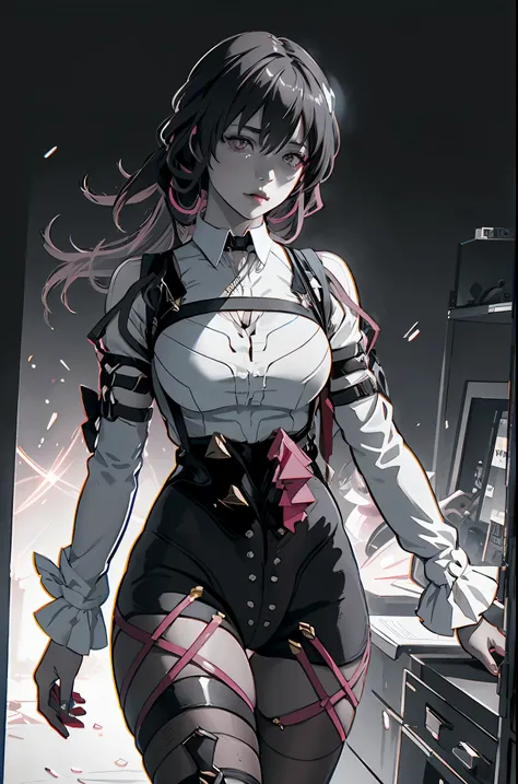 (best quality, 4k), (ultra details ayes), epic realistic, Kafka character, honkai star rail , stocking suspenders, anime style, vintage, (black monochrome background) best form, details, walking 