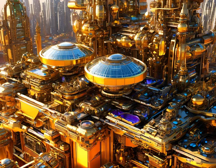 (golden hour lighting), megacity, megalopolis of an imaginary world of science fiction , parecido a una disneylandia futurista, and maximum fantasy, con inmensos edificios y rascacielos ovalados y dodecaedricos agrupados de metal y cristal donde predomina ...