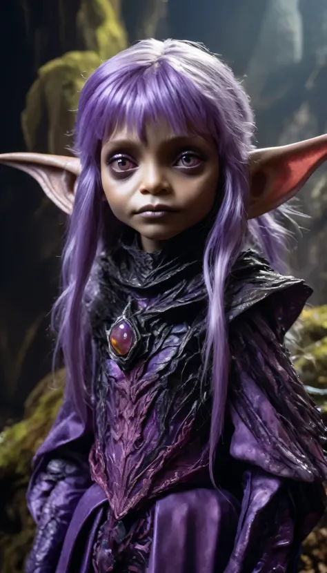 A Gelfling princess full body life size in purple and black clothes from the Dark Crystal Hyperrealistic, splash art, concept art, mid shot, intricately detailed, color depth, dramatic, high definition, with hold paper with textKangen Arman