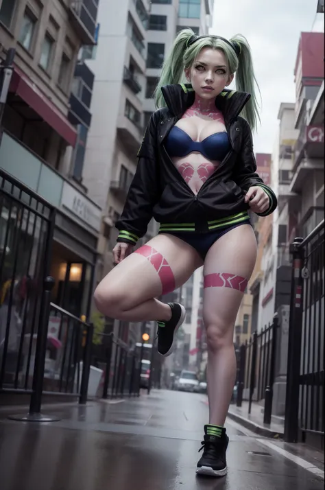 Rebecca, 1girl, green hair, white skin, twintails, colored sclera, red sclera, bra, panties, black jacket, artificial eye, black sneakers, perfect anatomy, solo, surrounded by zombies, post apocalyptic city, fighting stance, holding weapons